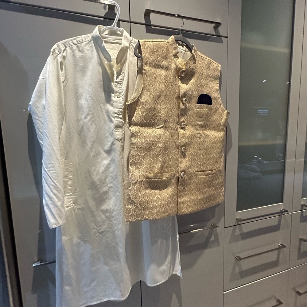 Gold Vest and White Kurta Set